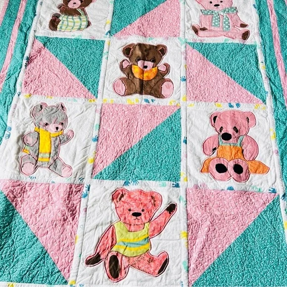 44”x54” Homemade Kids Cotton Quilt, Teddy BearQuilt Blanket.